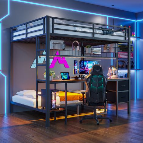 Cama alta 140x200cm estructura metalica con cajones estantes escritorio LED 7 colores negro (Sin colchón)