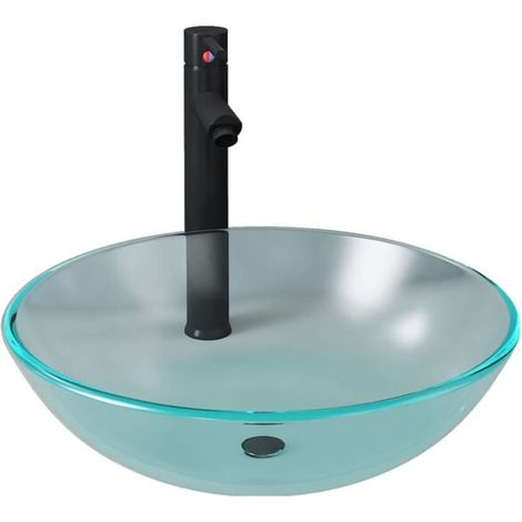Lavabo de salle de bain avec robinet et bonde à bouton-poussoir. En verre trempé. (1/5)