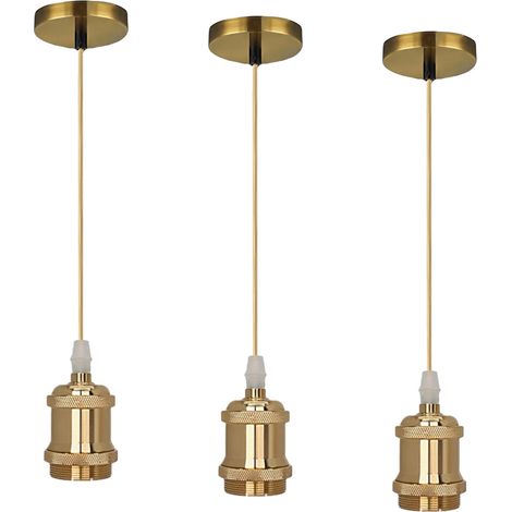 Douille Gold E27 Lot de 3 suspensions vintage en aluminium avec anneau à vis câble textile couleur or champagne de 1 m de long pour cuisine 3 50 3 cm (1/4)