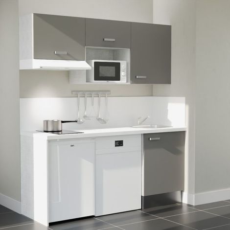 Kitchenette K55L-PT - 180 cm avec plan de travail et évier - Façade Gris - Plan Blanc - Crédences Oui