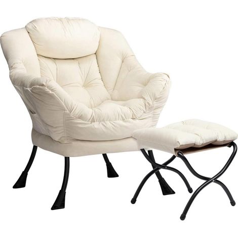 Ohrensessel mit Hocker, Samt, Relaxsessel mit Stahlrahmen, Beige (1/5)