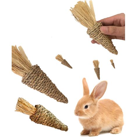 2 Jouets à mâcher en carotte tissée à la main, pour lapins, hamsters, cobayes et chats - Jouet de divertissement pour meuler les dents, 15 cm (1/5)