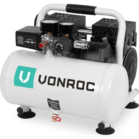 Vonroc – Compresseur d'air silencieux 750W – 128 l/min – 6L – 8 bar – Moteur sans huile – 57,5 dB(A) – Raccord rapide Euro (1/3)