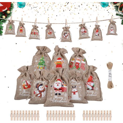 Set di 24 sacchetti di iuta per calendari dell'Avvento, 10 x 15 cm. Sacchetto di iuta, piccolo sacchetto di San Nicola, sacchetto in tessuto con coulisse, con 30 fermagli in legno e 10 m di corda.