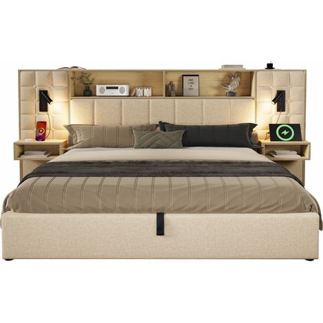 CHICFURN Cama tapizada 160x200 con almacenaje, cabecero con balda efecto madera clara, LED, 2 luces de lectura, mesillas integradas, USB Tipo C y tela beige (1/5)
