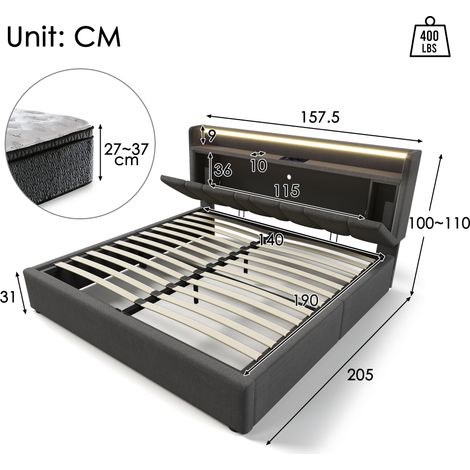Lit double rembourré 140x190cm gris avec ports USB, tête de lit lumineuse LED et rangement, sommier lattes bois, sans matelas (1/4)