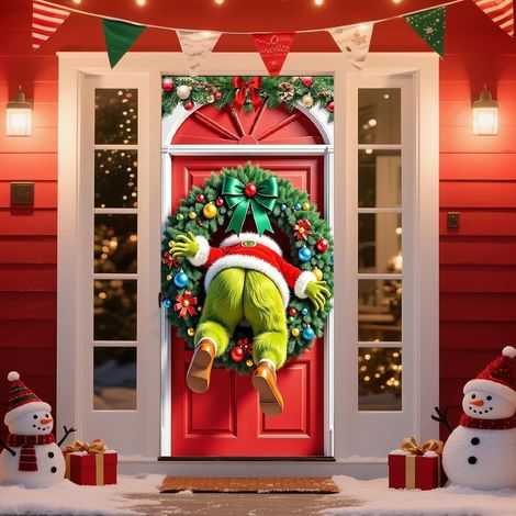 Nouvelle décoration de porte de Noël, motif Père Noël, pour jardin, cour ou extérieur - 90 x 180 cm (perforée + ruban) - 19