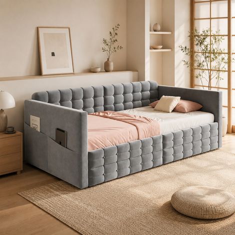 Lit rembourré 90x190 cm gris en velours avec 2 tiroirs et poches latérales OKWISH (1/5)