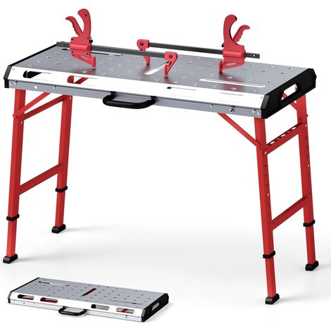 COSTWAY Banco de Trabajo Plegable, Mesa de Trabajo con Altura Ajustable en 7 Niveles, Agujeros y Ranuras para Herramientas, Banco Trabajo Taller de Metal Portátil con 2 Abrazaderas (1/5)
