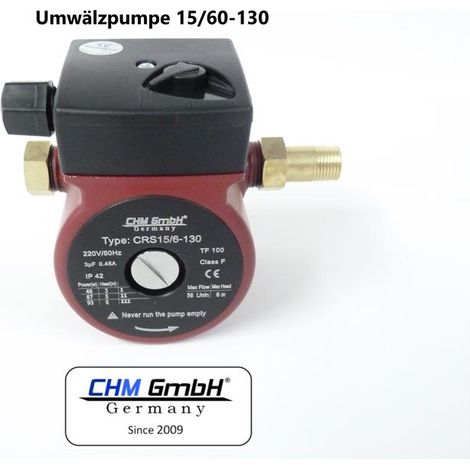 CHM – Pompe de circulation 15-60/130 – 230V – Débit max 56 L/min – Température de travail 2-110°C – Pression max 6 bars