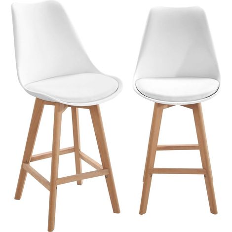Ensemble de 2 chaises de bar scandinaves, assise large et confortable avec coussin intégré en similicuir, hauteur d'assise 70 cm, pieds en bois de hêtre Tika (blanc) (1/5)