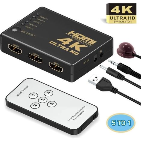 5 Port HDMI Switch Commutateur Répartiteur Splitter Hub Pr DVD HDTV 1080P,3d avec télécommande infrarouge, noir (1/4)