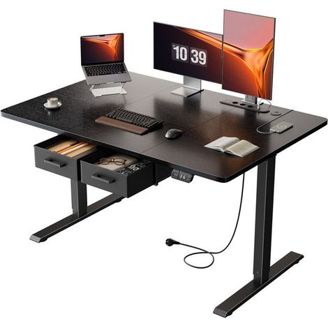 Scrivania per computer - EcoFurnix Scrivania Elettrica Regolabile in Altezza - Presa di corrente integrata - 2 cassetti, Nero (1/5)