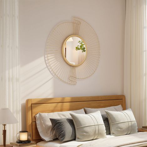 Miroir décoratif rond 60 cm avec fixation à 360°, décoration murale en métal moderne avec détails plissés, doré
