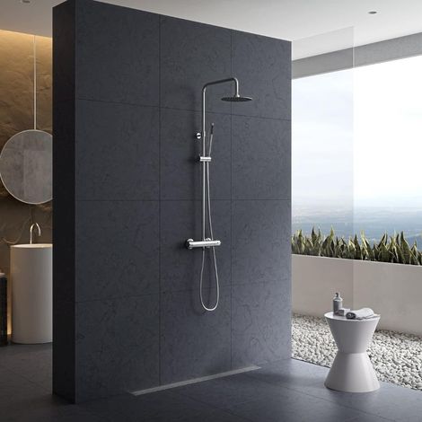 Set colonna doccia tonda in acciaio con soffione in abs miscelatore termostatico in ottone e doccetta 1 Getto (1/5)