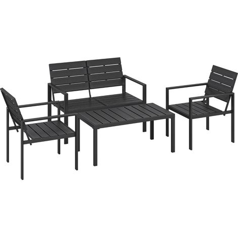 CHICFURN Salón de jardín de 4 plazas en metal negro, lamas de HDPE, montaje fácil (1/5)