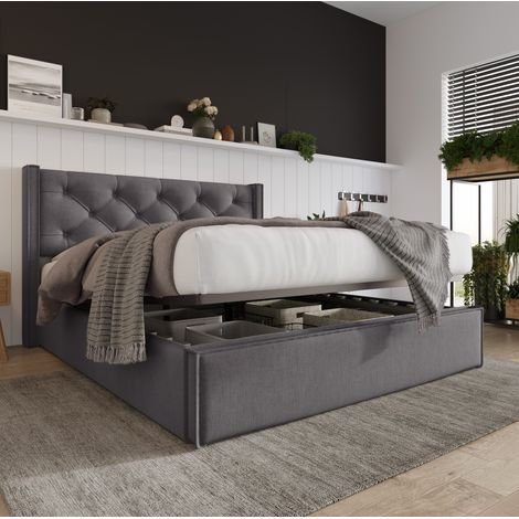Lit coffre 140x200 gris avec sommier relevable HAVRYA (1/5)