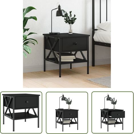 The Living Store Nachttisch Schwarz 40x42x45 cm Holzwerkstoff - Industrielles Möbelstück - Nachttisch Schwarz - Behandeltes Holz - Metallgestell - Wohnzimmerdeko (1/5)