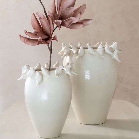 Vase aux oiseaux Budgie céramique blanc 40x33x33cm