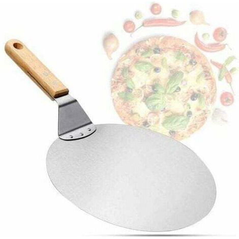Pelle à pizza en acier inoxydable - pelle à pizza et à gâteaux avec manche en bois - poussoir à pizza rond pour pizza, tarte flambée et pain (marron/argent - rond) (1/4)