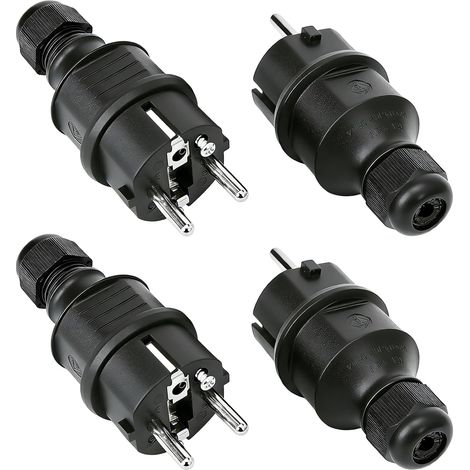 4 Pièces Prise Electrique Male 250V 16A,Fiche Male Prise Electrique,Fiche D'alimentation de Contact de Protection avec Anti-torsion,Convient aux Câbles d'intérieur et d'extérieur (Noir) (1/5)