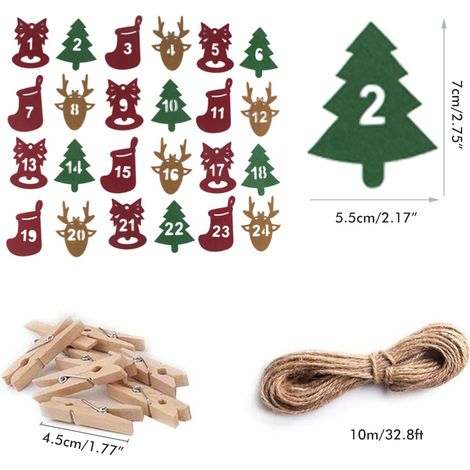 24 sachets calendrier de l'Avent en feutrine avec autocollants à personnaliser et clips pour décorer le sapin de Noël (1/5)