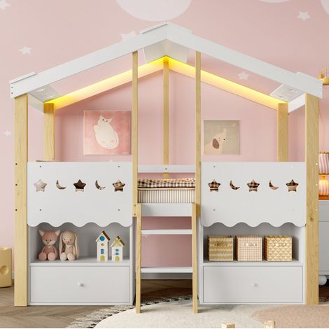 Halbhohes Bett Hausform mit LED 90x200 Weiß Natur OKMYHOME (1/5)