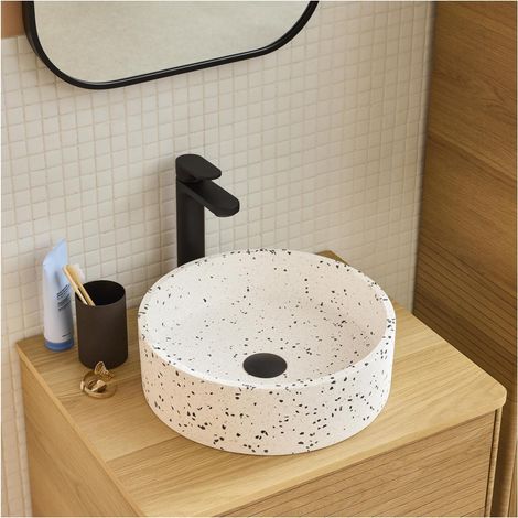 Mob-In – Vasque à poser ronde en terrazzo 38 cm – Design artisanal – Finition poncée – Pour meuble sous vasque ou plan de toilette