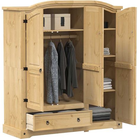 Armoire penderie en pin massif avec étagères et tiroir, finition cire miel, 151,5 x 52 x 170 cm - PANGIVO (1/5)