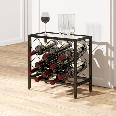 Noir - Porte-bouteilles 10 pièces, table verre trempé, acier, 41x22x41cm