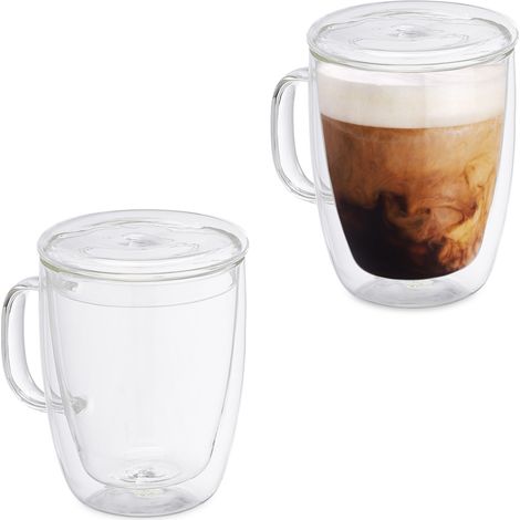 Relaxdays Drinking Glasses, Set of 2, 500 ml, Double-Walled with Handle & Lid, Borosilicate Glass, Transparent