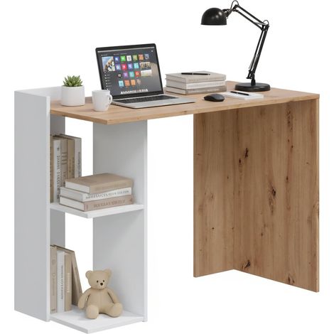 Dmora Escritorio Tucson, Escritorio reversible multiposición, Mesa de estudio u oficina para PC con balda y baldas, cm 100x52h78, Nudos blancos y roble, con embalaje reforzado