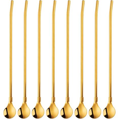 Cuillère Paille Réutilisable - Acier Inoxydable 304 - 21,5 cm - Pour Boissons Longues Cafés Glacés Lattes Cocktails - Lot de 8 avec 2 Brosses de Nettoyage (1/5)
