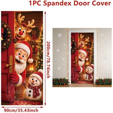 Nouveaux rideaux de porte de Noël, décorations festives, drapeaux, fanions d'extérieur - 90 x 180 cm (perforés + ruban) - 39