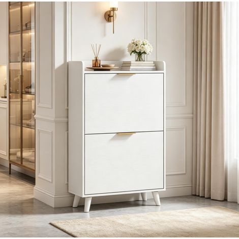 Zapatero 70x30x120 cm de madera blanco con 2 puertas abatibles FloraGrace (1/5)