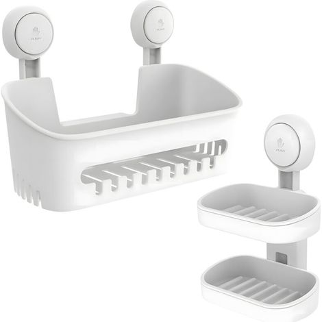 Panier de douche double couche avec porte-savon intégré, fixation par ventouses, installation en 1 seconde, amovible, supporte jusqu'à 10 kg, rangement étanche pour salle de bain (1/5)