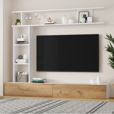 Mueble TV 180 x 35 x 22,5 cm con estantes, blanco y madera DESVIAE (1/5)