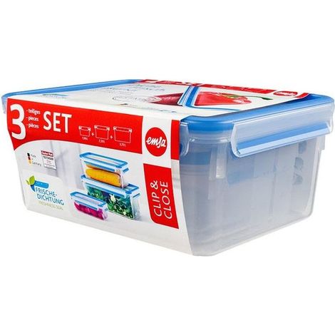 Emsa Clip & Close Set di 3 conservatori ermetici rettangolari in plastica, igienici, non trattengono odori o sapori 100% senza BPA, trasparenti e blu, 1 L/2,3 L/3,7 L (1/2)