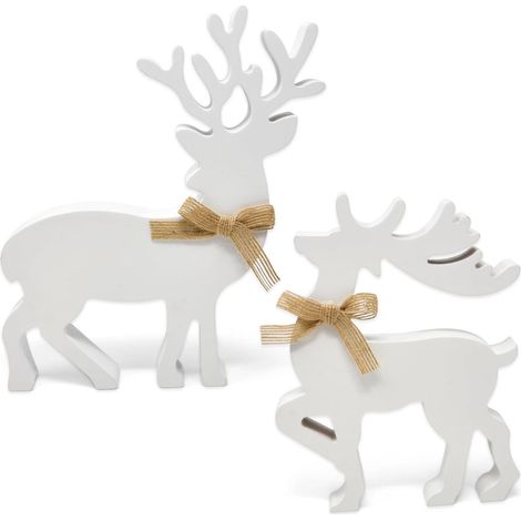 Renard En Bois - Décoration De Table De Noël - Figurine De Renne Rustique Blanche - Pour Intérieur Et Extérieur - Lot De 2 (1/5)