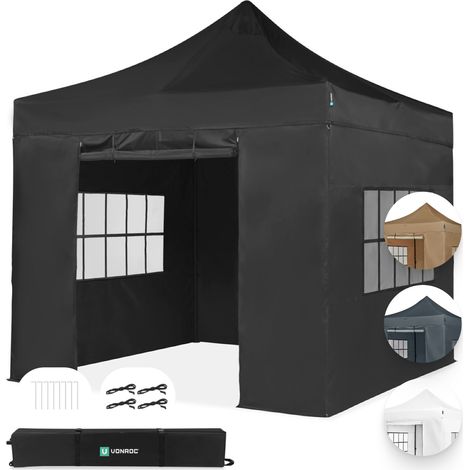 VONROC Faltpavillon – 3x3 m - Set inkl. Seitenwände - Modulares Design – Faltbar – Wasserdicht – Stahlrahmen – UV-Schutz 50+ – inkl. Transporttasche – Schwarz