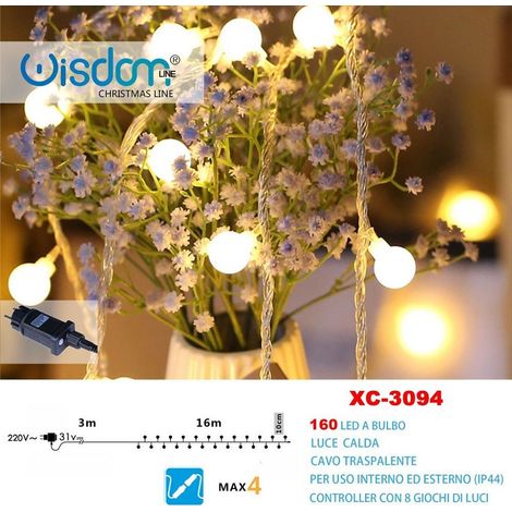 TRADE SHOP - Catena Luminosa A Bulbo 160led Luce Calda Cavo Trasparente 8 Giochi Luce Xc-3094 -