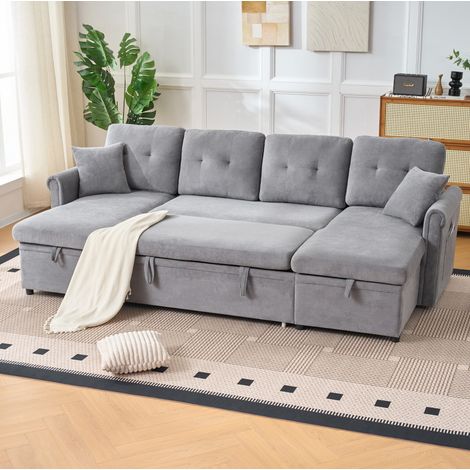 Sofá cama esquinero en U 266x130x85 cm de tela gris con almacenaje FloraGrace (1/5)