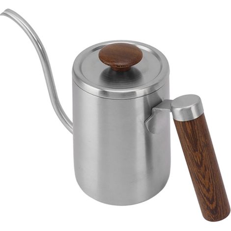 Bouilloire à café à filtre en acier inoxydable 304, bec verseur étroit en col de cygne, poignée en bois, 600 ml, couleur sablée (1/5)