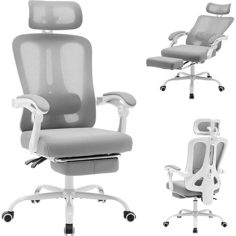 Chaise bureau ergonomique maille gris clair cadre blanc gamer soutien lombaire réglable capacité 136 kg (1/5)