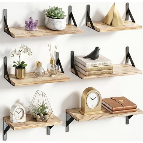 étagère Murale en Bois Massif de Paulownia, Lot de 6, Naturel Étagères murales en bois, supports métalliques, 2 montages, disposition flexible de 6 pièces pour chambre et salle de bain (1/5)