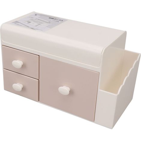 Boîte de rangement de bureau à 3 tiroirs avec support latéral, contenant en plastique rose pour cosmétiques, bijoux et autres petits objets. (1/5)