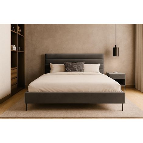 Sofello Polsterbett nach Maß Grau aus Velour 120x200 cm Schwarze Metallfüße Bett aus Samt - Doppelbett mit schöner Steppung und besonderem Design (1/5)