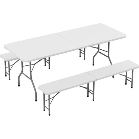 6ft (180cm) Folding Table with 2 Benches Heavy Duty  Set of 3 Indoor & Outdoor Plastic Table & Bench Set for Garden, Picnic, BBQ, Camping, Party & Catering (White)