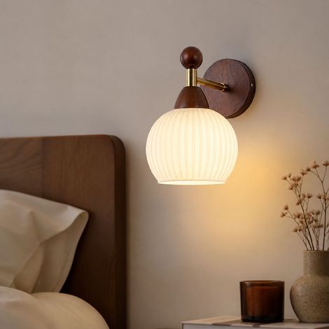 Applique murale boule rayée en bois de noyer et verre, E27, éclairage doux sans scintillement, style vintage pour chambre (1/5)