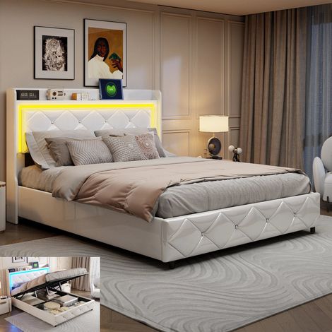 Structure de Lit - 140x200 cm - Lit Coffre - 2 Places - LED - USB - tête de lit - sommier à lattes - Rangement - lit 140 - PU Blanc